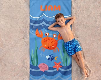Personalized Crab Beach Towel, Personalized Kids Beach Towel, Fun Beach Designs, Gift for Girls Or Boys, Custom Name Towel for Baby/Kids