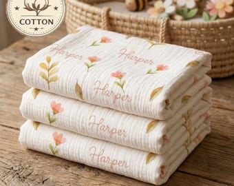 Personalized Baby Blanket with Name, Cotton Baby Blanket, Muslin Swaddle, Custom Newborn Gift, Organic Baby Shower Present, Stroller Blanket