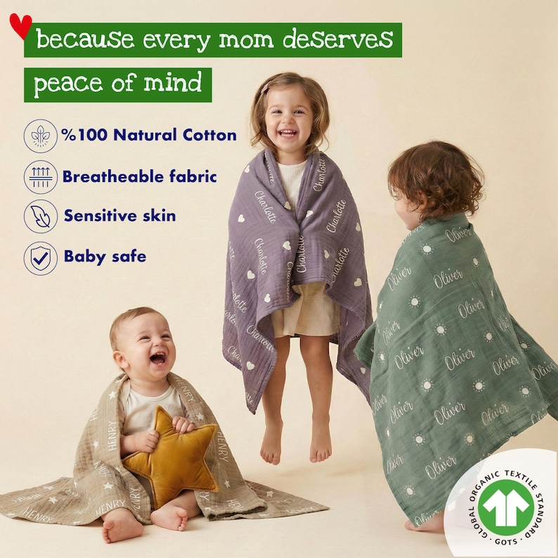three young children, two of whom are wrapped in blankets with the name "Olivia" printed on them. The children appear to be happy and content, with one of them holding a stuffed animal. The image also includes text that highlights the importance of every mom's peace of mind, and mentions the use of 100% natural cotton, breathable fabric, sensitive skin, and baby safety.