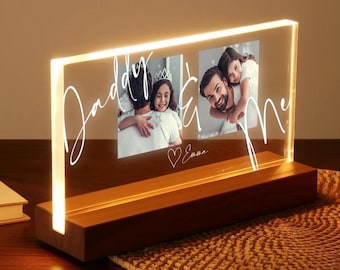 Lámpara de noche acrílica personalizada "Papá y yo" - Luz LED con foto personalizada para papá - Regalo perfecto para el Día del Padre de hijo e hija - Regalo con foto para papá