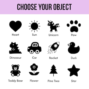 a collection of black icons representing various objects, including a heart, sun, unicorn, paw, dinosaur, car, rocket, duck, teddy bear, flower, pine tree, and star.