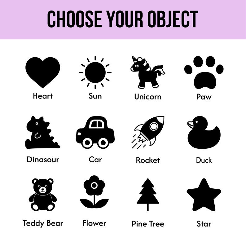 a collection of black icons representing various objects, including a heart, sun, unicorn, paw, dinosaur, car, rocket, duck, teddy bear, flower, pine tree, and star.
