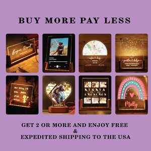 Puede incluir: Ocho letreros de acr&iacute;lico iluminados personalizados diferentes con varios dise&ntilde;os y textos. Los letreros est&aacute;n iluminados con luces LED blanco c&aacute;lido. Los dise&ntilde;os incluyen un coraz&oacute;n, un arco&iacute;ris, un mapa, una constelaci&oacute;n, un marco de fotos y un collage de fotos. El texto en los letreros incluye nombres, fechas y mensajes. Los letreros se muestran sobre un fondo morado. Compra dos o m&aacute;s y obt&eacute;n env&iacute;o acelerado gratuito a los Estados Unidos.