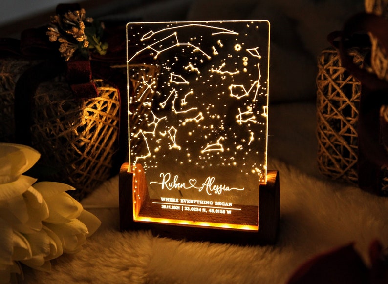 Personalized Constellation Chart Lamp Gift Star Map on Night Light Gift for Boyfriend / Girlfriend Stars Chart Gift for Couples image 1