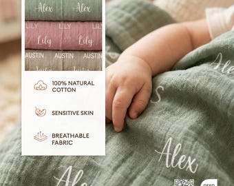 Muslin Baby Blanket, Cotton Baby Blanket, Breathable Cotton, Personalized Baby Blanket, Baby Shower Gift, Muslin Name Blanket, Newborn Baby