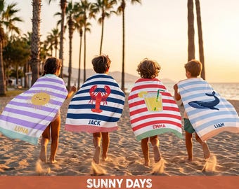 May include: Four personalized beach towels with striped patterns and graphic prints. The towels feature a yellow sun with the name LUNA, a red lobster with the name JACK, a yellow drink with the name EMMA, and a blue whale with the name LIAM.