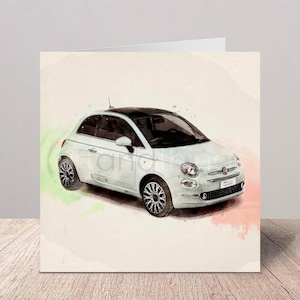 May include: A watercolour illustration of a white Fiat 500 car with a black roof. The car is on a light background with watercolour splashes of green, pink, and blue.
