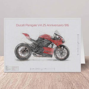 May include: A technical drawing print of a red Ducati Panigale V4 25 Anniversario 916 motorcycle on a light blue grid background. The artwork features the text Ducati Panigale V4 25 Anniversario 916 at the top and includes technical data blocks.