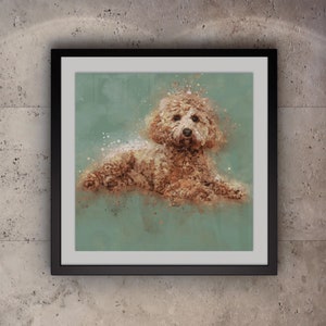 May include: A watercolour painting of a light brown poodle dog with a green background. The dog is lying down and looking directly at the viewer.