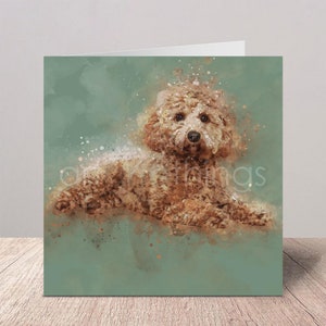 May include: A watercolour painting of a light brown dog with a green background. The dog is lying down and looking at the camera.