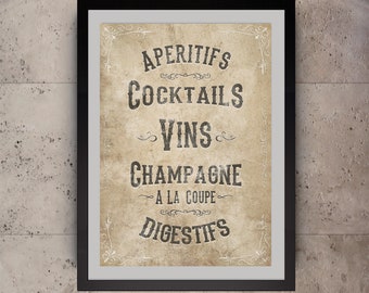 French Beverage Drinks Restaurant Menu | Bar | Vintage Retro Art | Champagne | Cocktails | Wall Art | Poster | Print | Home Decor