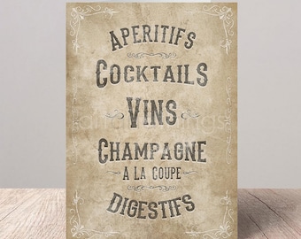 French Beverage Drinks Bar Menu | Vintage Retro Art | Champagne | Cocktails | Greetings Card | Birthday Card
