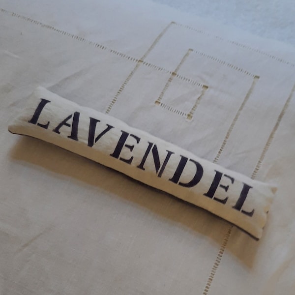 Lavendelkissen, Leinen, pflanzengefärbt, handbedruckt,weiß-lila,  25 x 5 cm, Duftkissen, Mottenschutz, mit Bio-Lavendel