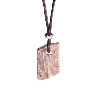 Handcrafted Pinkish Brown Rhyolite Banded Stone Necklace - Rectangular Pendant with Leather Cord and Silver Bead