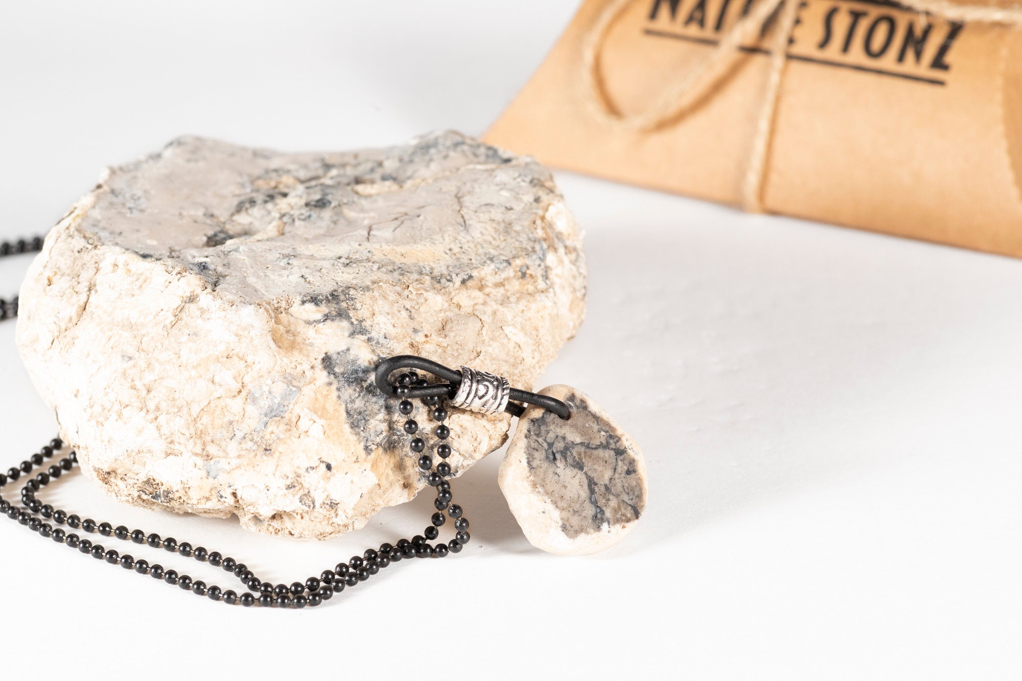 Black and White Common Opal Stone Pendant Necklace With Leather and ...