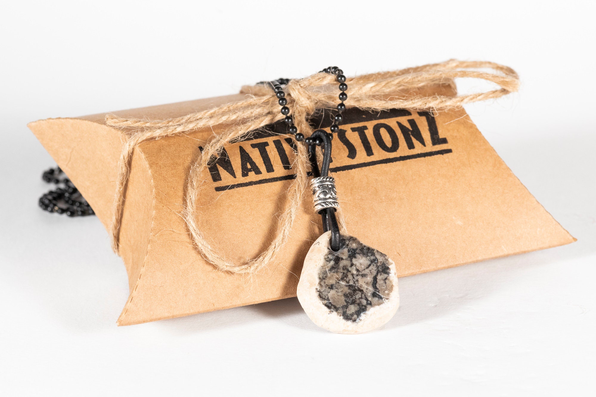 Black and White Common Opal Stone Pendant Necklace With Leather and ...