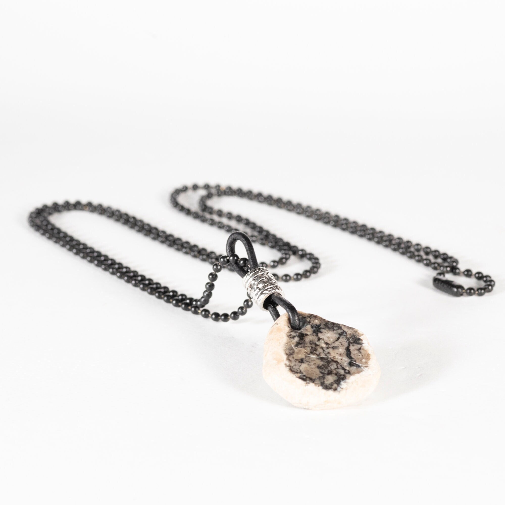 Black and White Common Opal Stone Pendant Necklace With Leather and ...