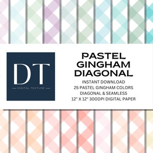 Könnte beinhalten: Ein digitales Papierpaket mit 25 pastellfarbenen Gingham-Mustern in diagonalen Streifen. Die Muster sind nahtlos und werden in Quadraten von 30,5 cm x 30,5 cm bei 300 DPI geliefert. Der Text "PASTEL GINGHAM DIAGONAL" wird in schwarzer Schrift auf weißem Hintergrund angezeigt.