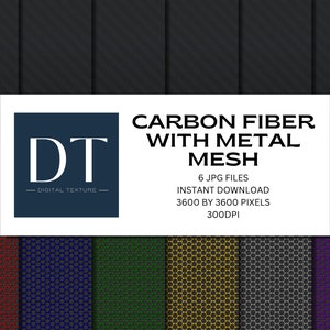 May include: Six digital textures of carbon fiber with a metal mesh pattern in red, blue, green, gold, gray, and purple. Each texture is 3600 by 3600 pixels and 300 DPI. The text "DT - Digital Texture -" is in a blue box.