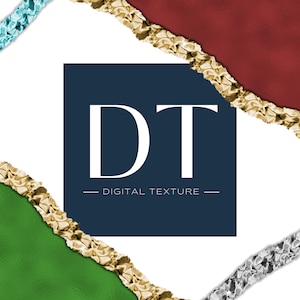 Könnte beinhalten: Ein digitales Texturdesign mit den Buchstaben DT in Weiß auf einem dunkelblauen Hintergrund. Die Buchstaben sind von einem goldenen Folienrand umgeben. Der Hintergrund ist eine weiße Oberfläche mit zerrissenen Kanten aus grünem, rotem und blauem Papier mit goldenen Folienakzenten.