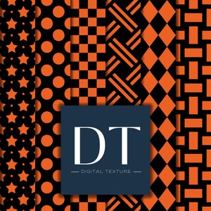 May include: A set of 8 digital seamless patterns in black and orange. The patterns include stars, polka dots, checkered, woven, diamond, squares, and brick patterns. The patterns are labeled "DT - Digital Texture".