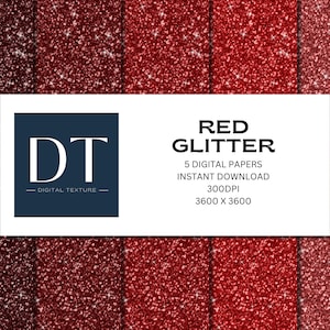 May include: Five digital papers featuring a red glitter texture. The papers are 3600 x 3600 pixels and 300 DPI. The text "RED GLITTER" is displayed in black text on a white background. The text "5 DIGITAL PAPERS INSTANT DOWNLOAD 300DPI 3600 X 3600" is displayed in black text on a white background.