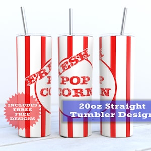Popcorn Bucket Tumbler Wrap - popcorn bucket - 20 ounce skinny tumbler - 20 oz Skinny Tumbler Sublimation Design PNG Three Free Designs