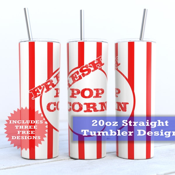 Popcorn Bucket Tumbler Wrap - popcorn bucket - 20 ounce skinny tumbler - 20 oz Skinny Tumbler Sublimation Design PNG Three Free Designs