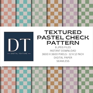 Peut inclure: Huit motifs de papier numérique présentant un motif à carreaux pastel texturé. Chaque motif mesure 3600 x 3600 pixels, soit 30,5 x 30,5 cm. Le texte "TEXTURED PASTEL CHECK PATTERN" est affiché sur un fond blanc.