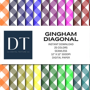 May include: A digital paper pack with 25 different diagonal gingham patterns in various colors. Each pattern is 12 inches by 12 inches and 300 DPI. The text "DT - Digital Texture - Gingham Diagonal - Instant Download - 25 Colors - Seamless - 12" x 12" 300DPI - Digital Paper" is displayed on a white background.