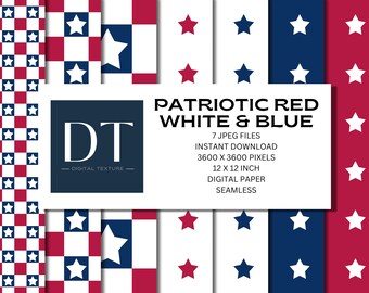 Patriotic Digital Paper Pack, Seamless Red White Blue Backgrounds (Digital Download)