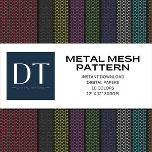Puede incluir: Un conjunto de 10 patrones de papel digital con un diseño de malla metálica en varios colores. Cada patrón mide 30,48 cm por 30,48 cm y 300 DPI. Los patrones son perfectos para crear proyectos digitales, como fondos, texturas y patrones.