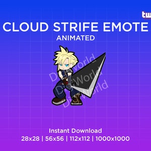 May include: Animated Cloud Strife emote on a purple and blue gradient background. The character has spiky blonde hair and is holding a large black sword. The text "CLOUD STRIFE EMOTE ANIMATED" is at the top. The Twitch logo is in the upper right corner.