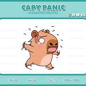 Puede incluir: Un emote de capibara de dibujos animados con expresión de pánico, gotas de sudor y brazos extendidos. El texto "CAPY PANIC ANIMATED EMOTES" está en la parte superior, con iconos de redes sociales. La imagen está sobre un fondo turquesa.
