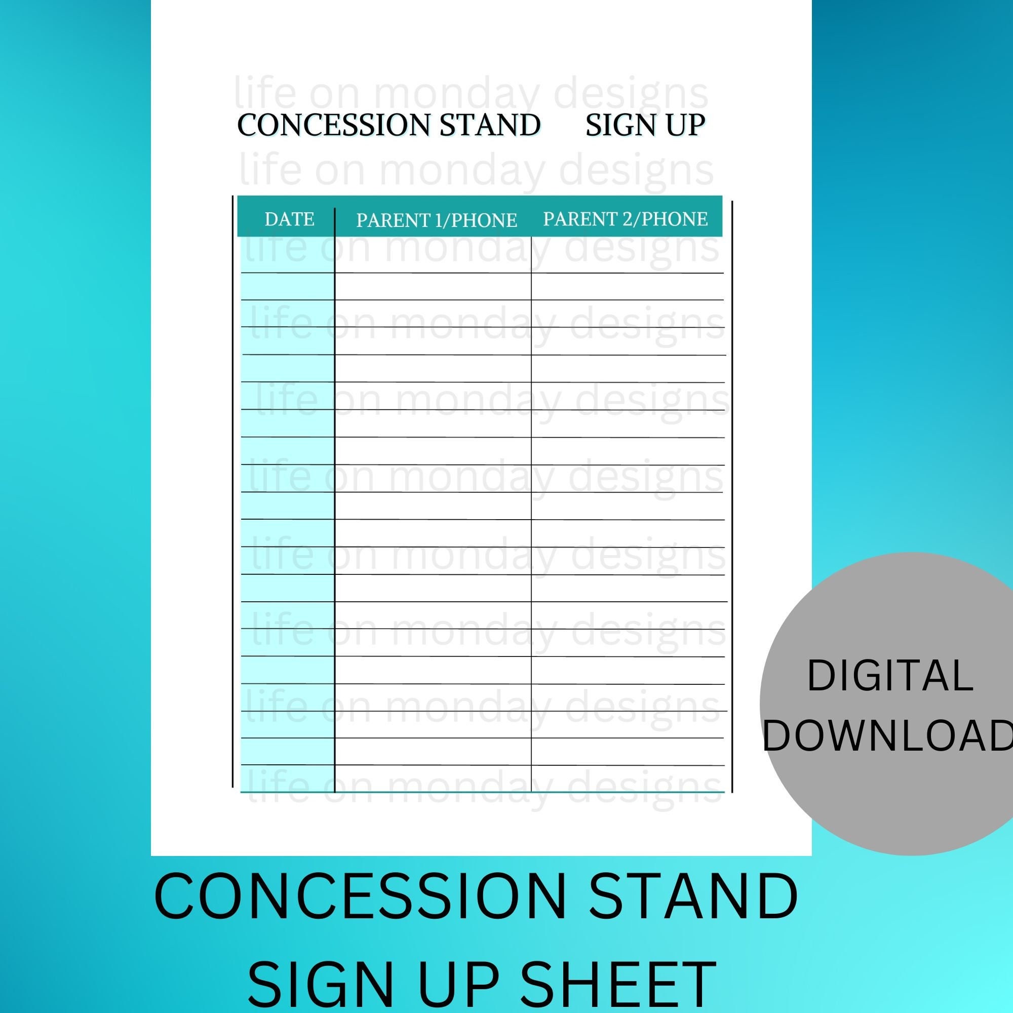 Sports Concession Stand Sign up Sheet Digital Download Etsy