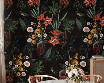 Dark Botanical Peel and Stick Wallpaper, Black Floral  Mural Wallpaper,  Dark Garden Tropical Wallpaper, Renters Wallpaper Gothic