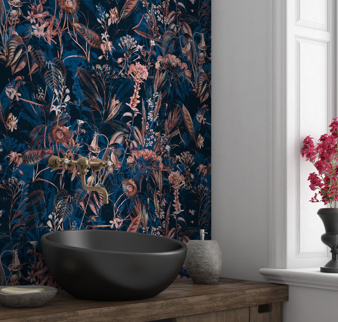 Navy Blue Floral Peel and Stick Wallpaper, Blue Tropical Peel and Stick