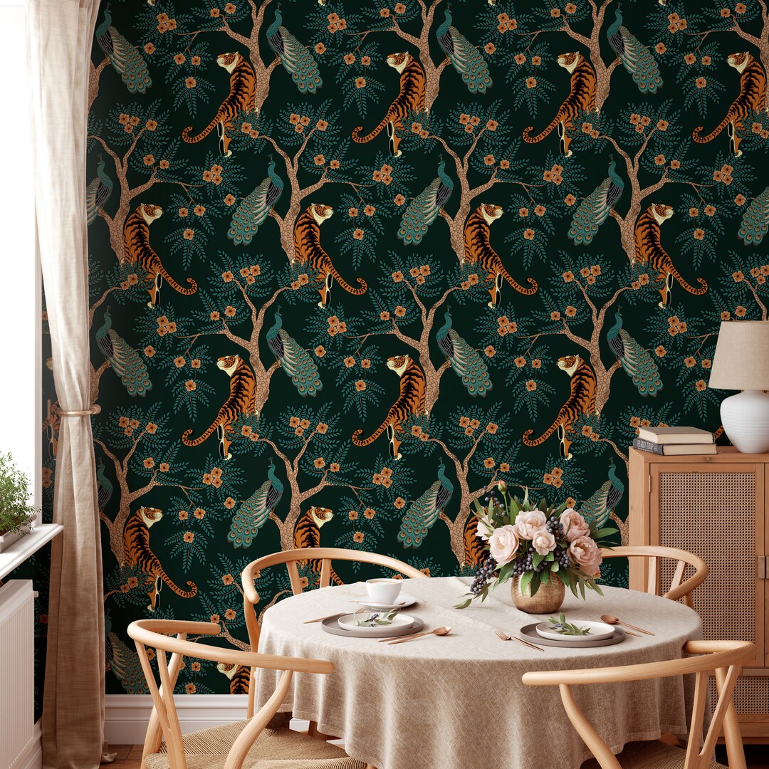 Green Wallpaper With Tiger, Maximalist Wallpaper Peel and Stick, Green