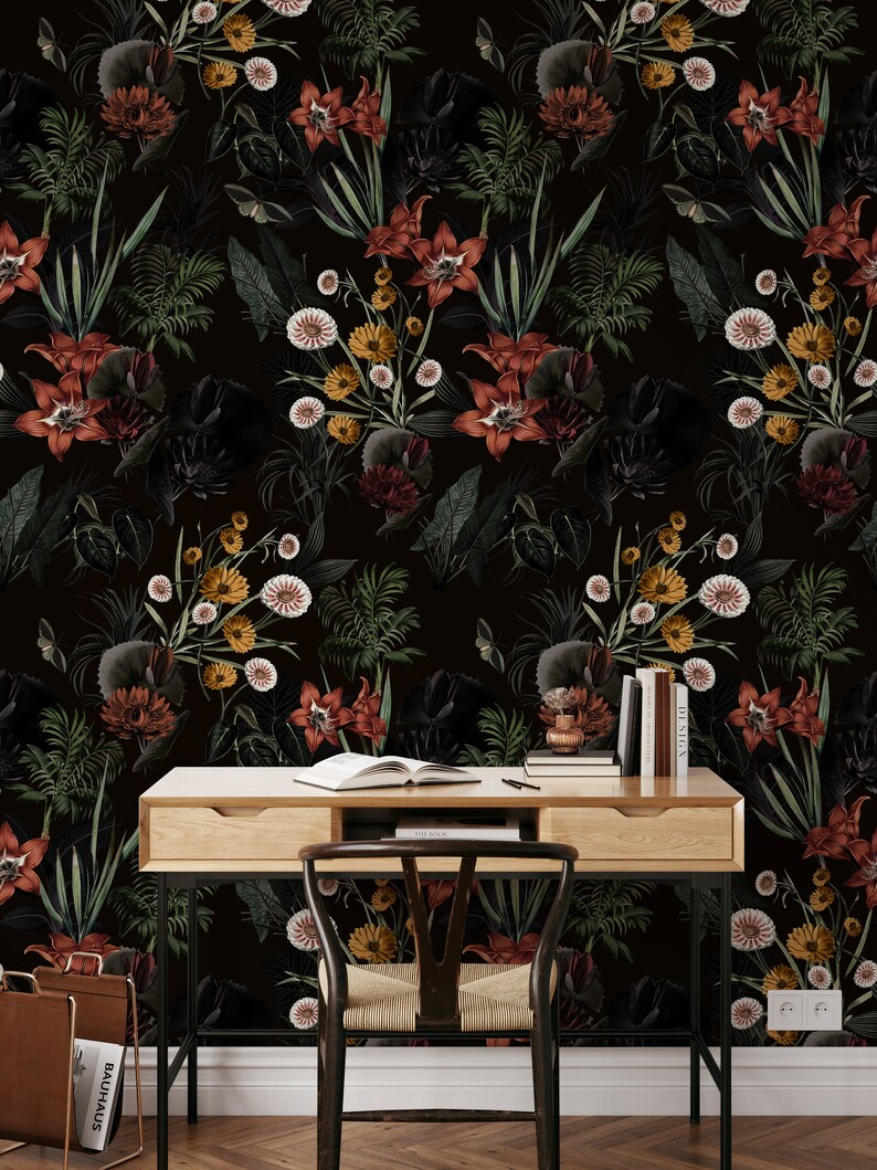 Dark Botanical Peel and Stick Wallpaper Black Floral Mural - Etsy