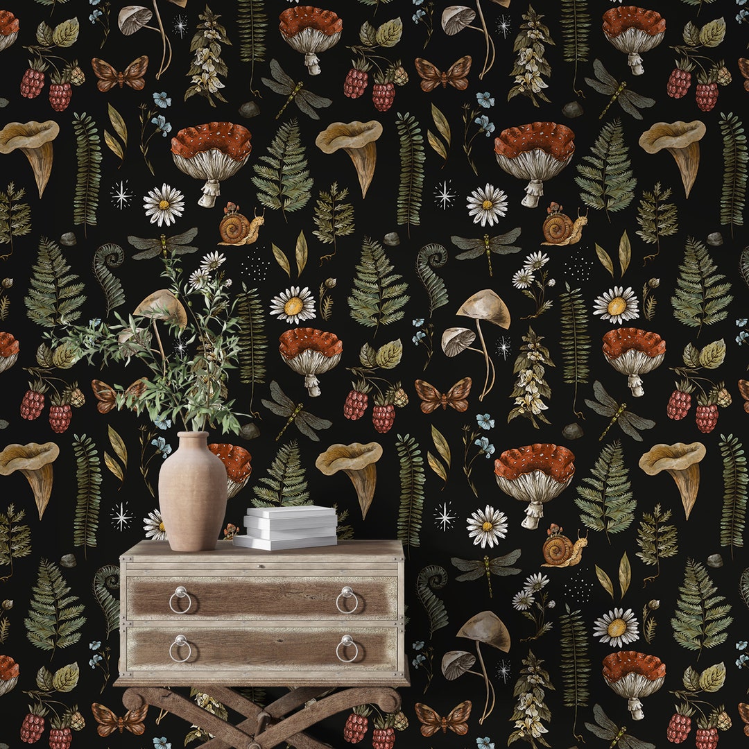 Vintage Mushroom Wallpaper Dark Wallpaper Peel and Stick - Etsy