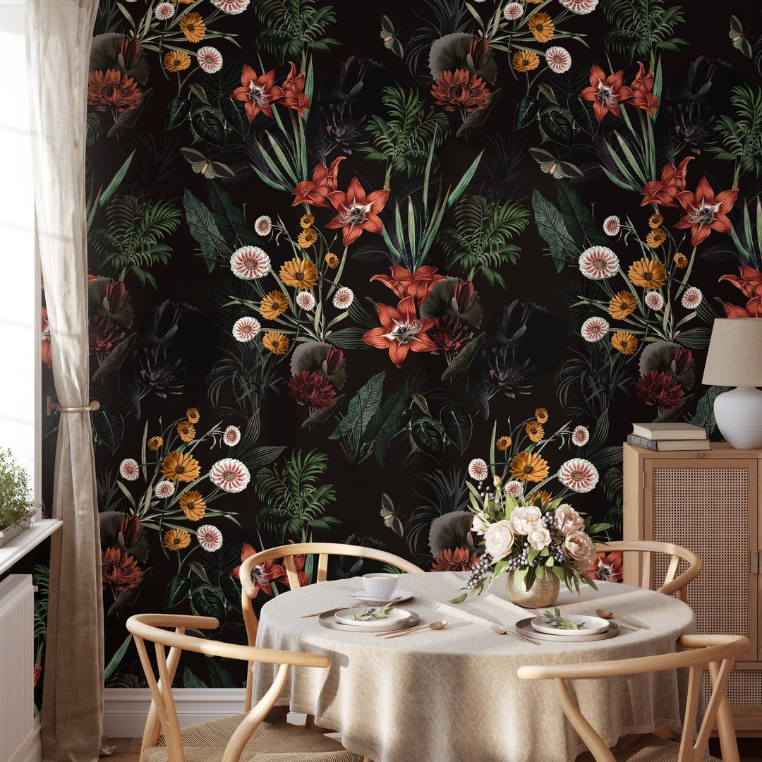 Dark Botanical Peel and Stick Wallpaper, Black Floral Mural Wallpaper, Dark Garden Tropical