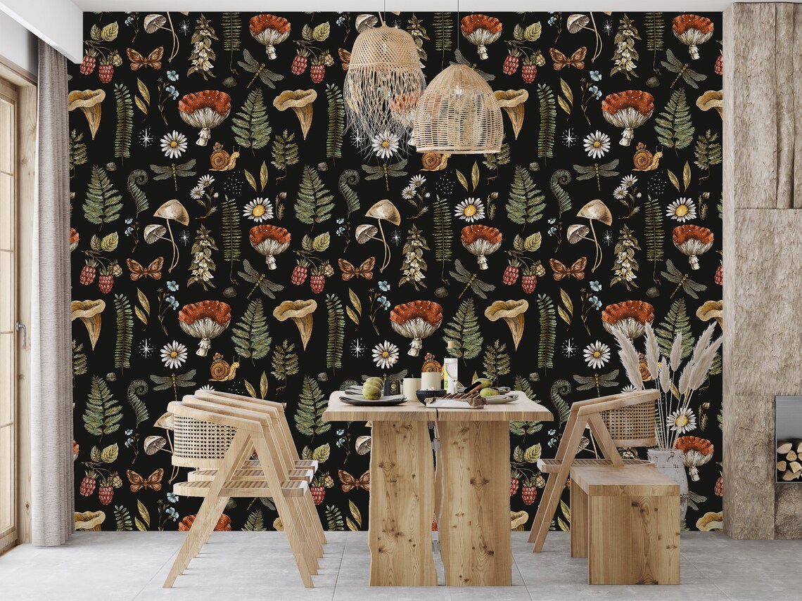 Vintage Mushroom Wallpaper Dark Wallpaper Peel and Stick - Etsy