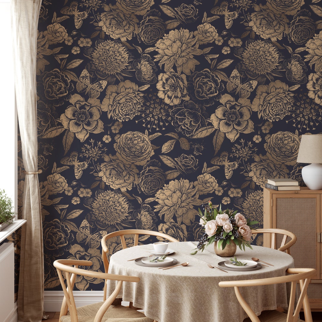 Dark Peony Peel and Stick Wallpaper, Gold Peony Wallpaper, Dark Floral ...