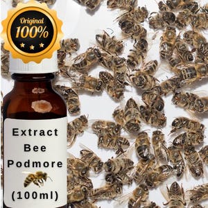 May include: A brown glass bottle with a white label that reads "Extract Bee Podmore" and a bee illustration. The bottle is topped with a white cap and a gold seal that says "Original 100%". The background is filled with numerous bees.