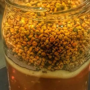 May include: A glass jar filled with a layer of golden honey, topped with a layer of pollen granules.