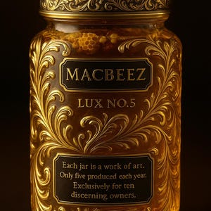 May include: An ornate glass jar of honey with gold filigree detailing and a decorative lid. The jar has a label that reads "MACBEEZ LUX NO.5". The text on the label states that only five jars are produced each year, exclusively for ten owners.