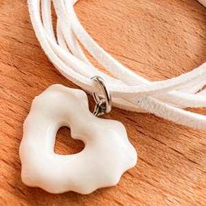 Boho Chic Ceramic Pendant Necklace, Handmade Ceramic Jewelry, Unique white Heart Pendant,  For Her, Adjustable Boho Charm, Nautical Jewelry.
