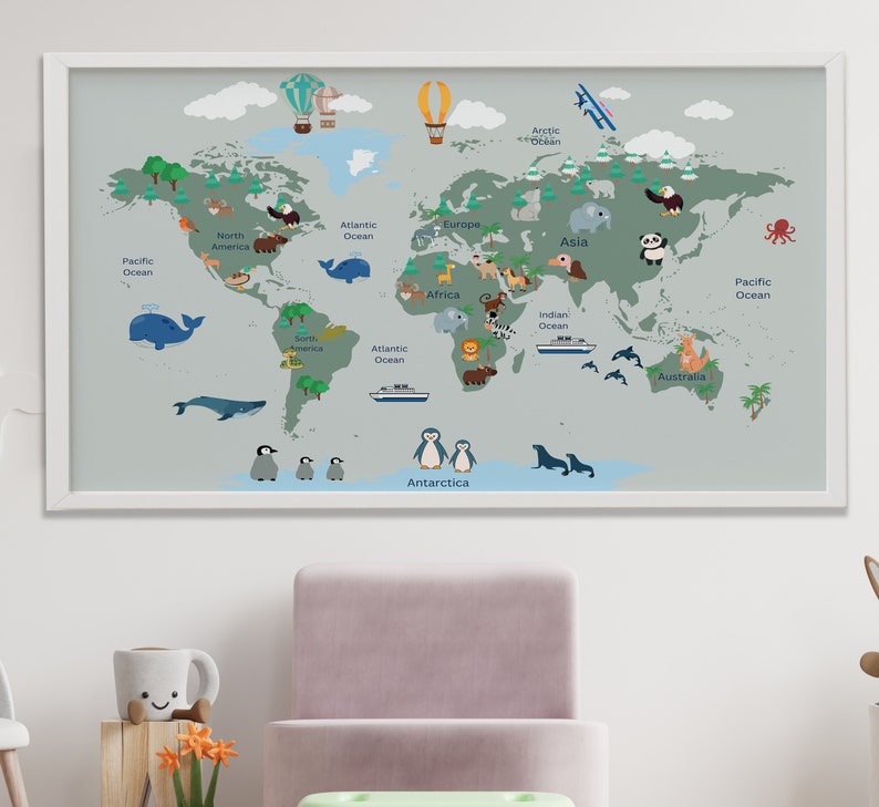 Nursery World Map Printable, Downloadable Kids World Map, Kids Map