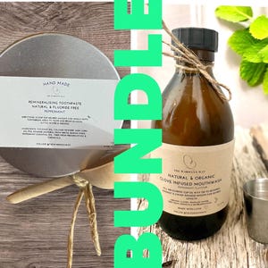 May include: A bundle of natural oral care products including a tin of remineralising toothpaste, a glass bottle of clove infused mouthwash, and a small metal cup. The toothpaste is labelled "Hand Made" and "Remineralising Toothpaste Natural & Fluoride Free Peppermint". The mouthwash is labelled "The Warmann's Way Natural & Organic Clove Infused Mouthwash Peppermint Flavour".