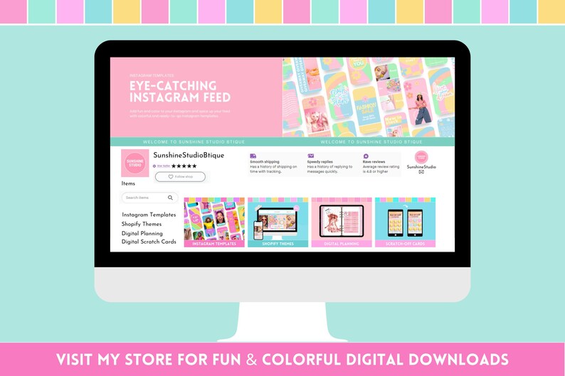 Puede incluir: Un monitor de ordenador muestra un sitio web con el texto &laquo; EYE-CATCHING INSTAGRAM FEED &raquo;. El sitio web presenta plantillas de Instagram, temas de Shopify y recursos de planificaci&oacute;n digital. La parte inferior de la pantalla dice &laquo; VISIT MY STORE FOR FUN & COLORFUL DIGITAL DOWNLOADS &raquo;.